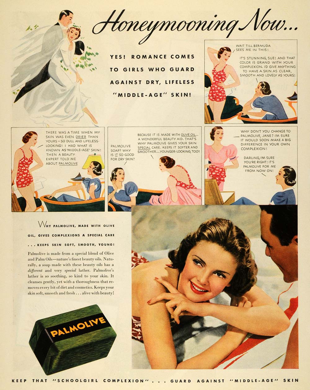 1937 Ad Honeymoon Bride Groom Palmolive Soap Schoolgirl - ORIGINAL MCC5