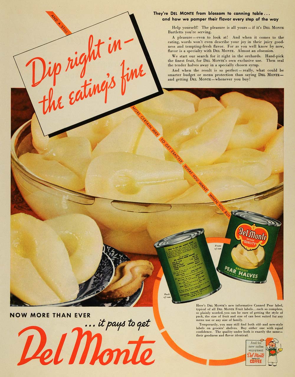 1937 Ad Del Monte Canned Pear Halves Bartletts Fruit - ORIGINAL ADVERTISING MCC5