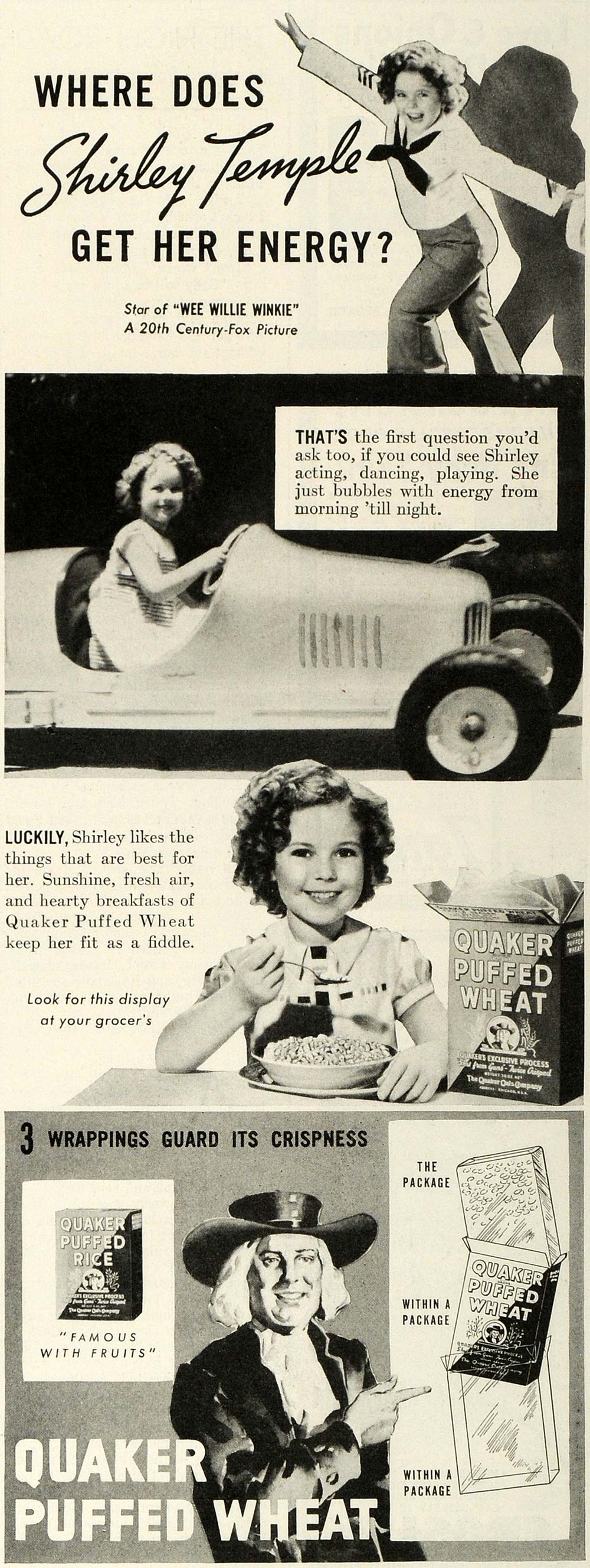 1937 Ad Shirley Temple Star Quaker Puffed Wheat Cereal - ORIGINAL MCC5