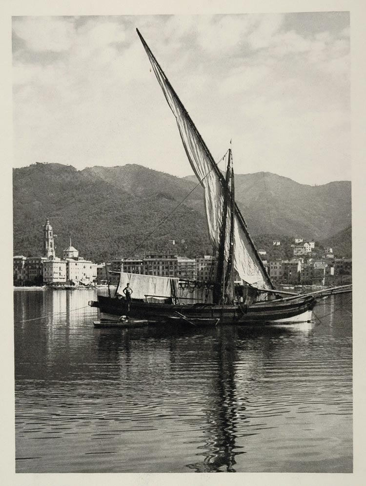 1937 Rapallo Italy Bay Harbor Town Fishing Boat Print - ORIGINAL MD1