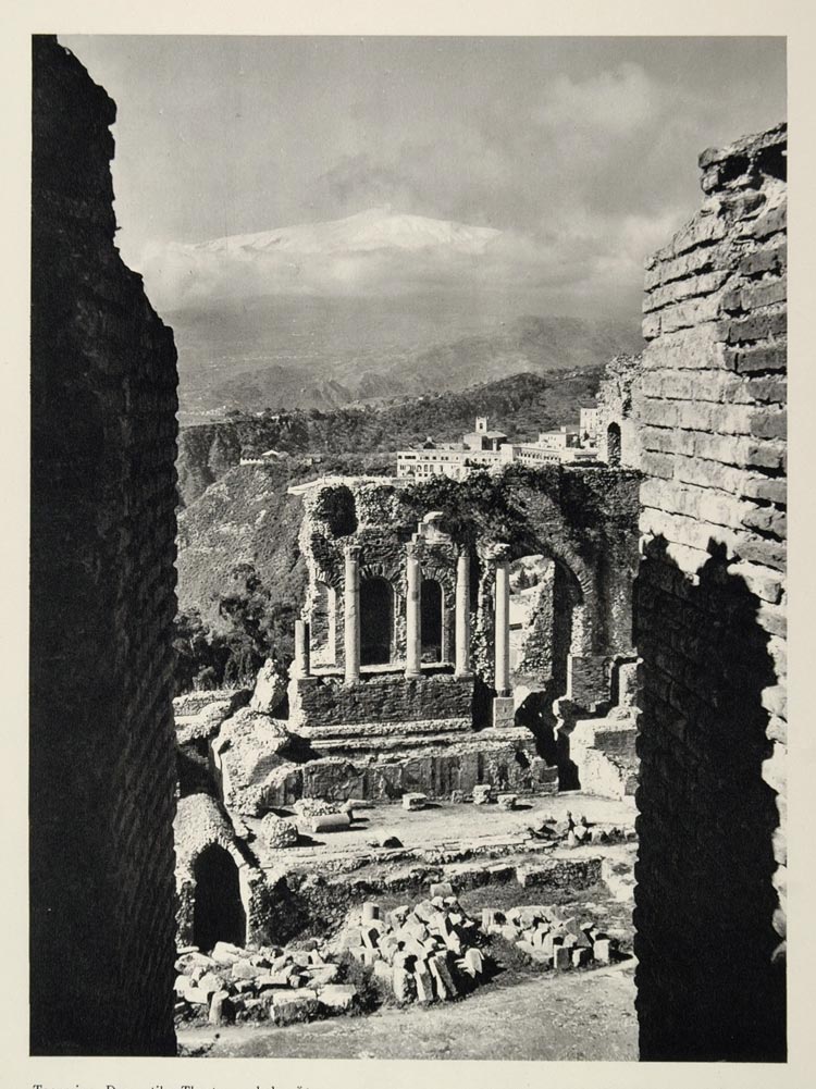 1937 Ruin Theatre Taormina Mount Etna Aetna Sicily - ORIGINAL PHOTOGRAVURE MD1