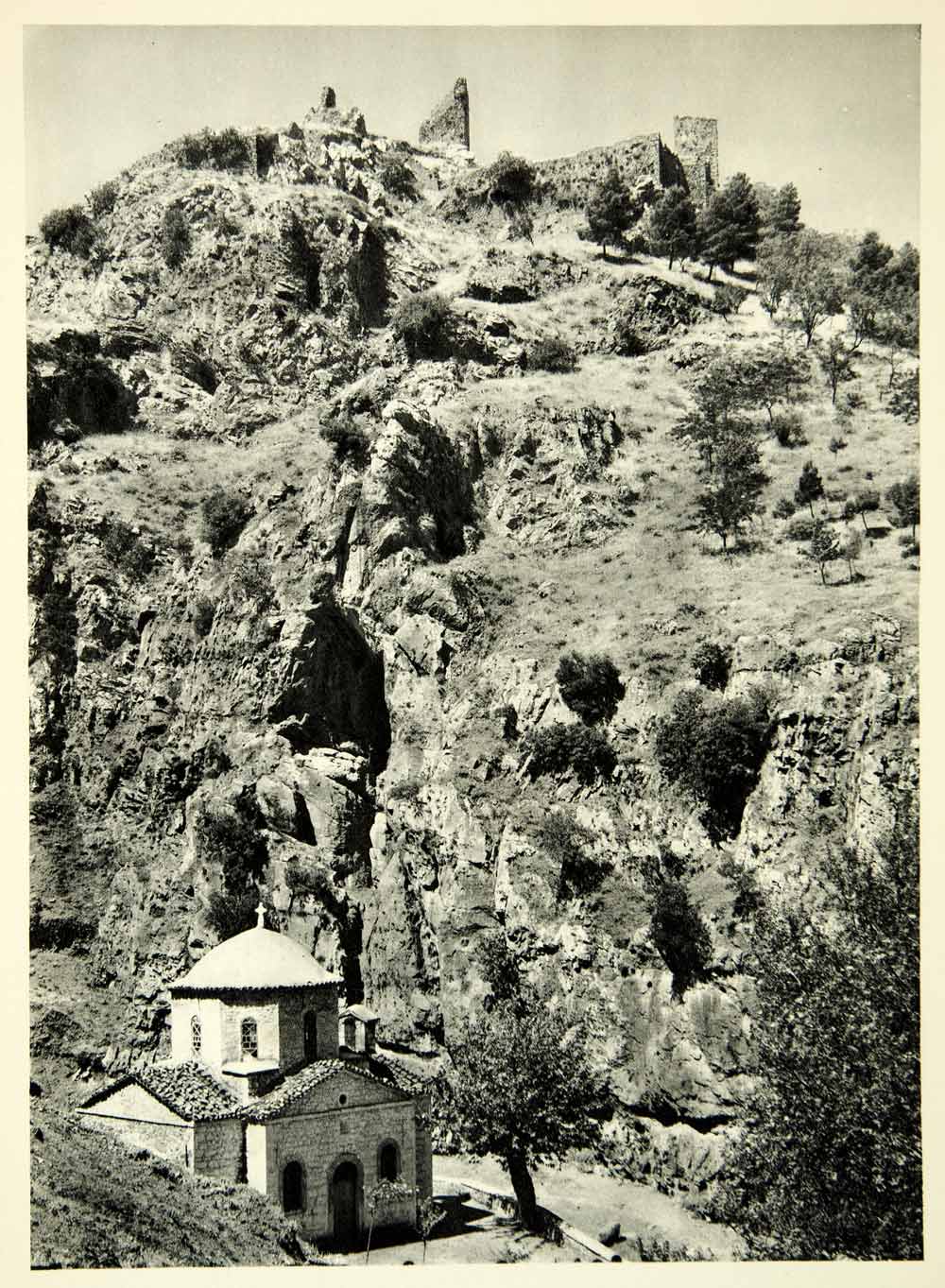 1937 Photogravure Hill Holy Cross Livadia Church Greece Ruins Castle MD1