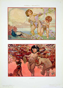 1917 Photolithograph Art Nouveau Children Nude Putti Fox Peacock Panels MDA2