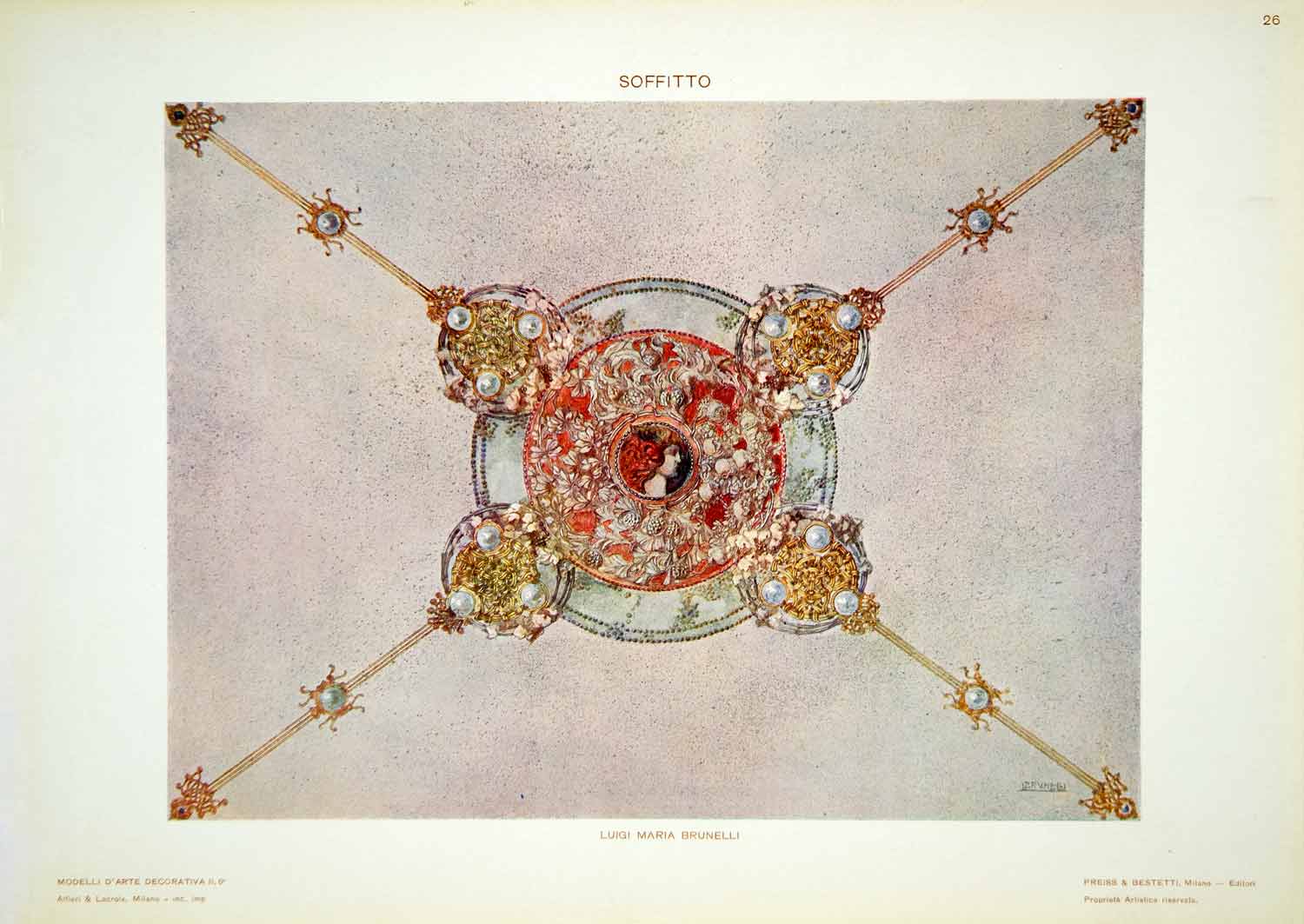 1917 Photolithograph  Art Nouveau Ceiling Soffitto Luigi Maria Brunelli MDA2
