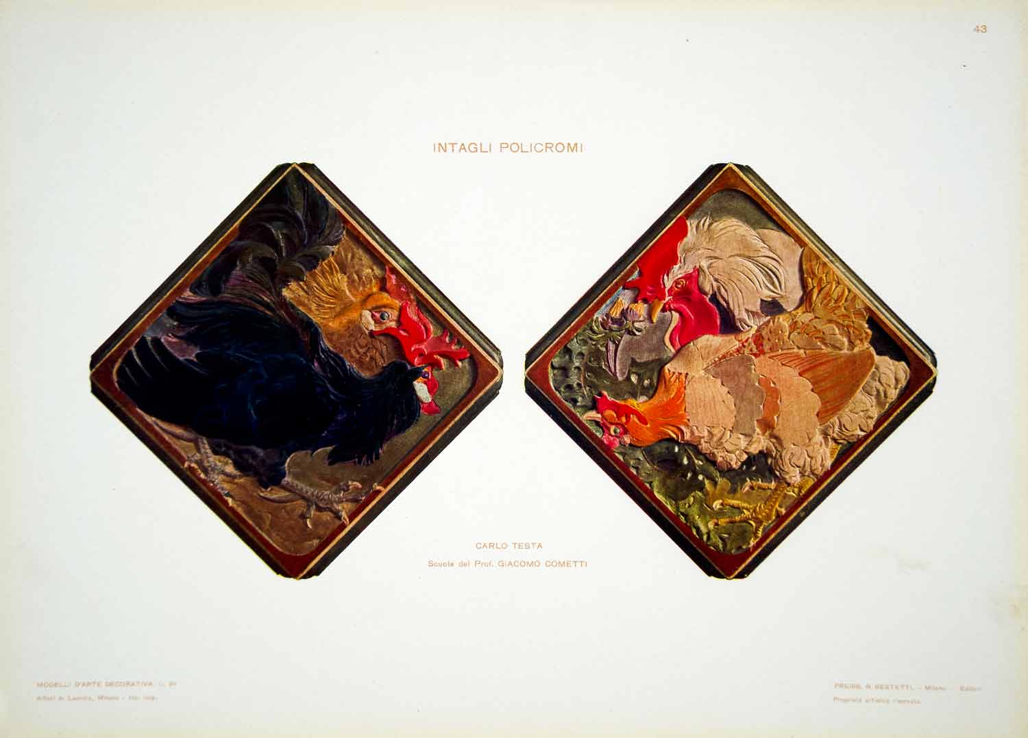 1917 Photolithograph Art Nouveau Rooster Chicken Decorative Design Testa  MDA2
