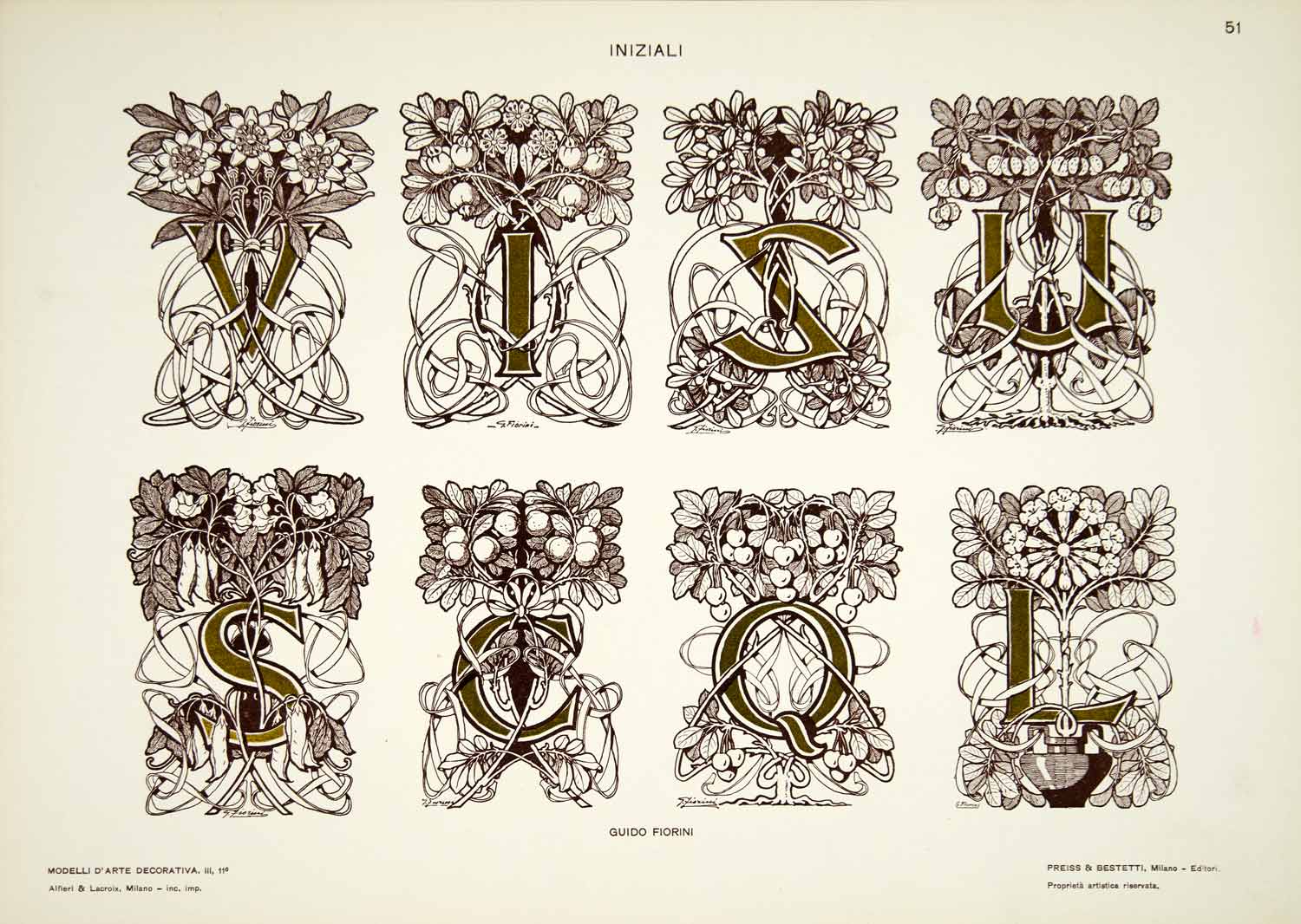 1917 Lithograph Art Nouveau Initial Caps Font Capital Letters Guido Fi ...