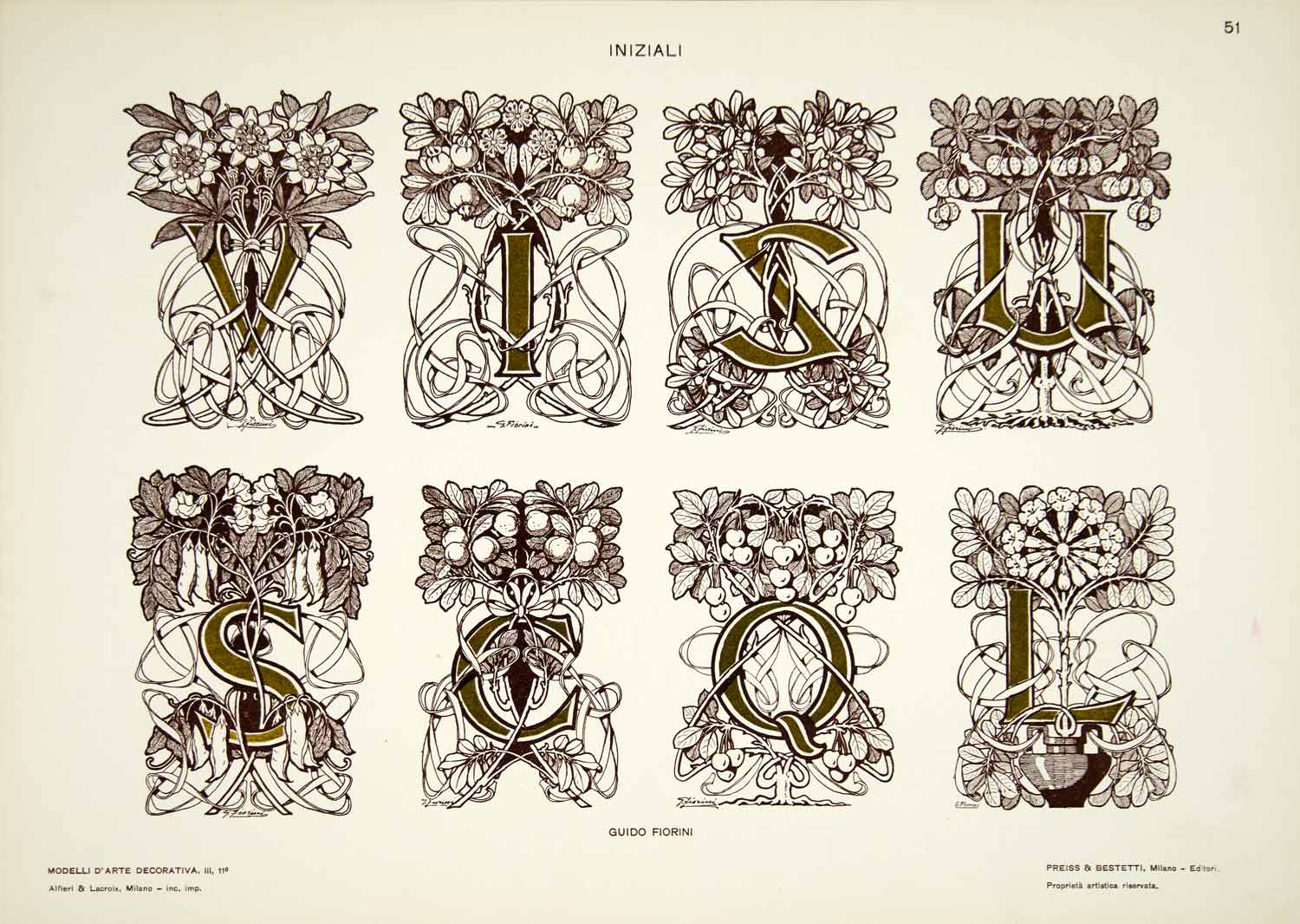 1917 Lithograph Art Nouveau Initial Caps Font Capital Letters Guido Fiorini MDA3