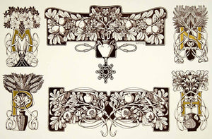 1917 Lithograph Art Nouveau Initial Caps Border Design Typography Fiorini MDA3