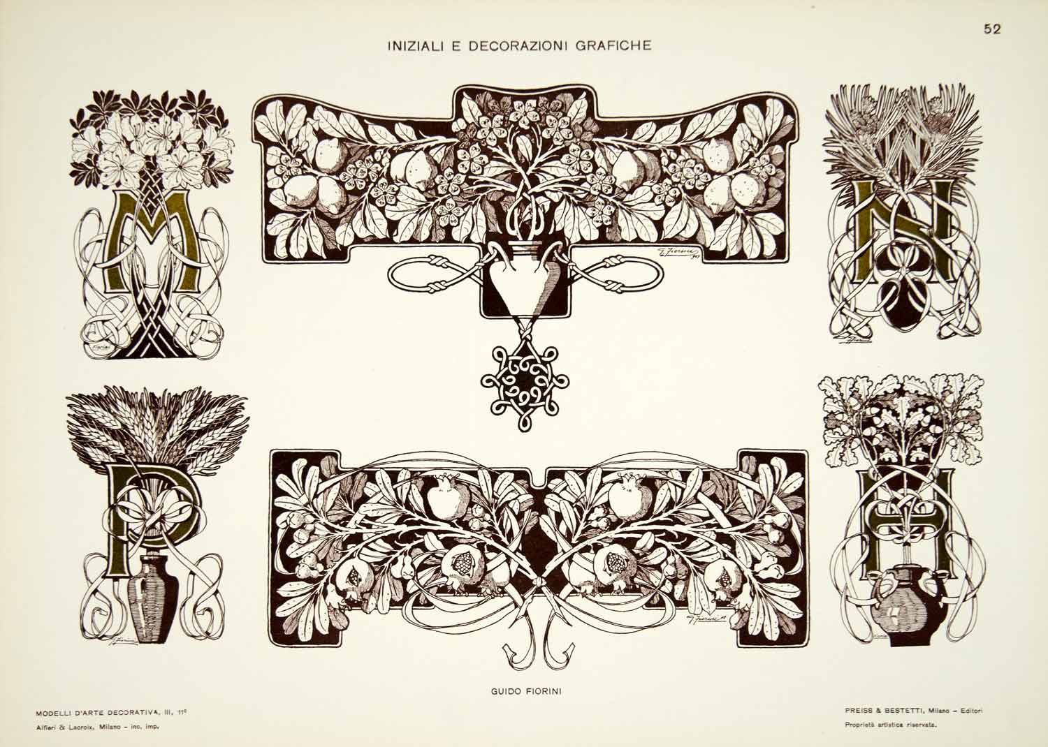 1917 Lithograph Art Nouveau Initial Caps Border Design