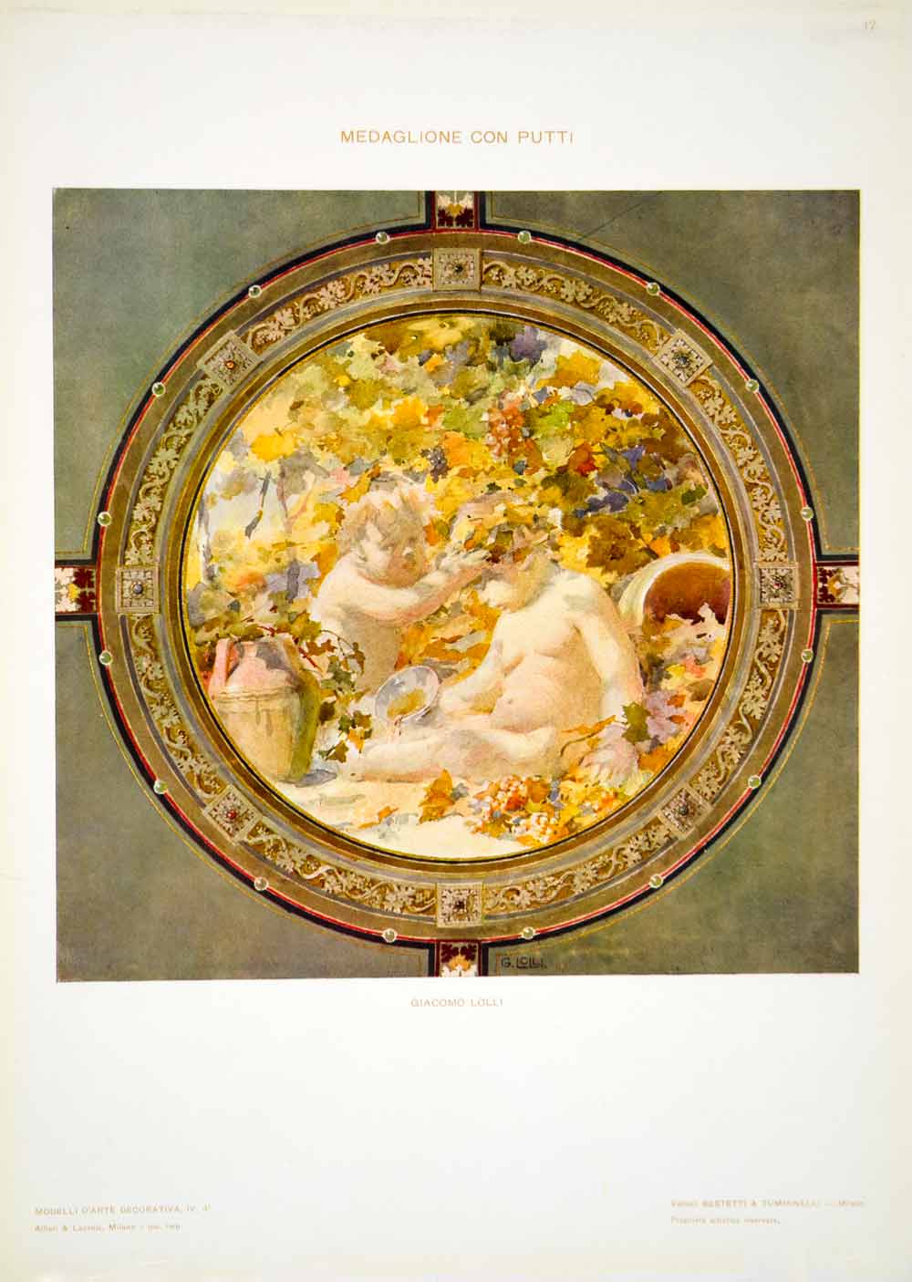 1917 Photolithograph Art Nouveau Nude Putti Medallion Design Giacomo Lolli MDA4