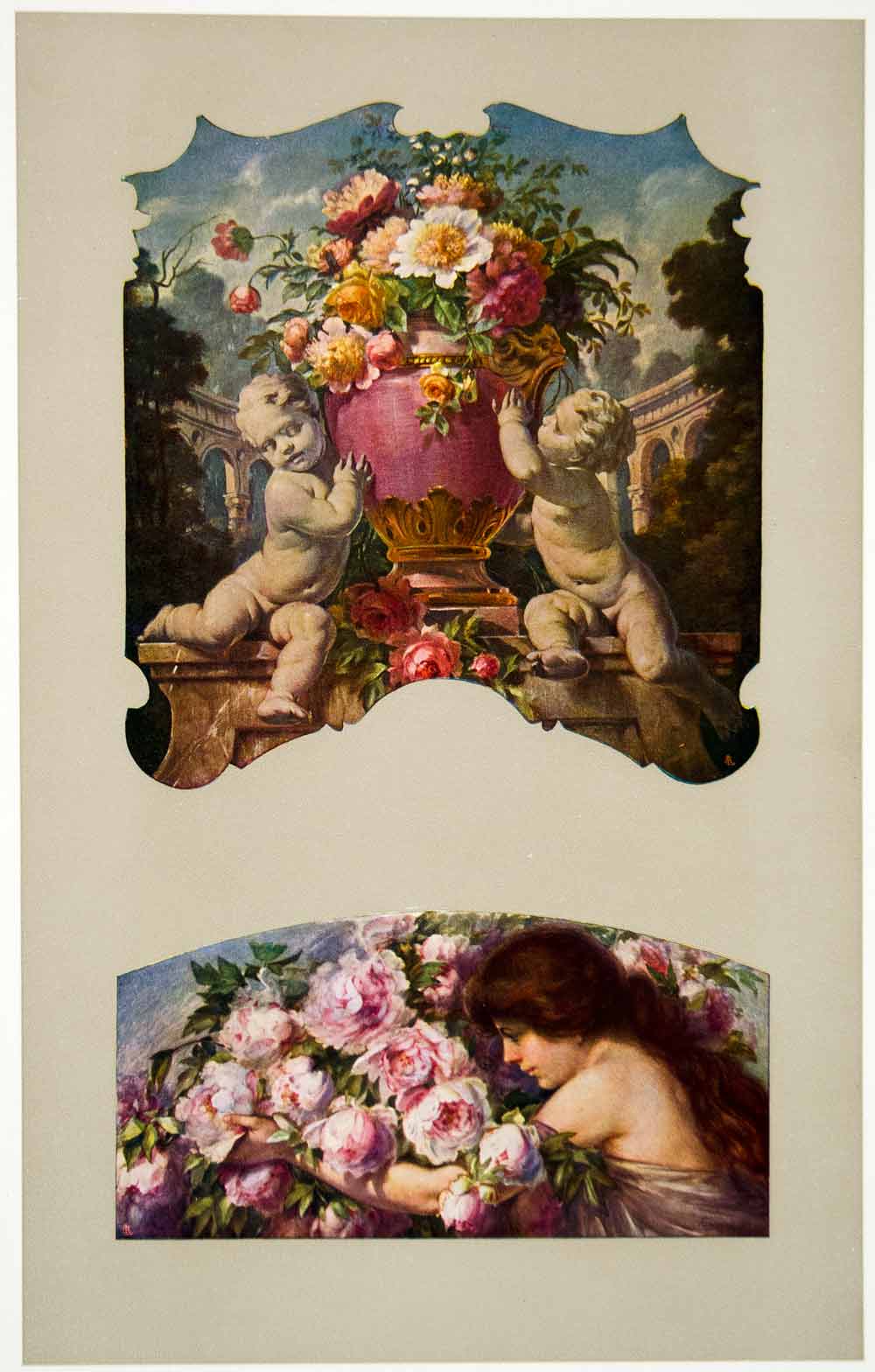 1917 Photolithograph Art Nouveau Nude Putti Flowers Urn Giorgio Ceragioli MDA4