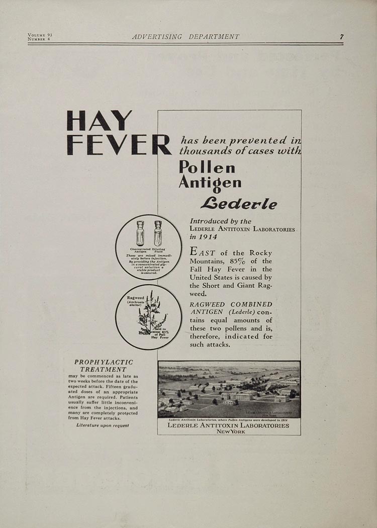 1929 Ad Lederle Antitoxin Lab Hay Fever Pollen Antigen - ORIGINAL MED1