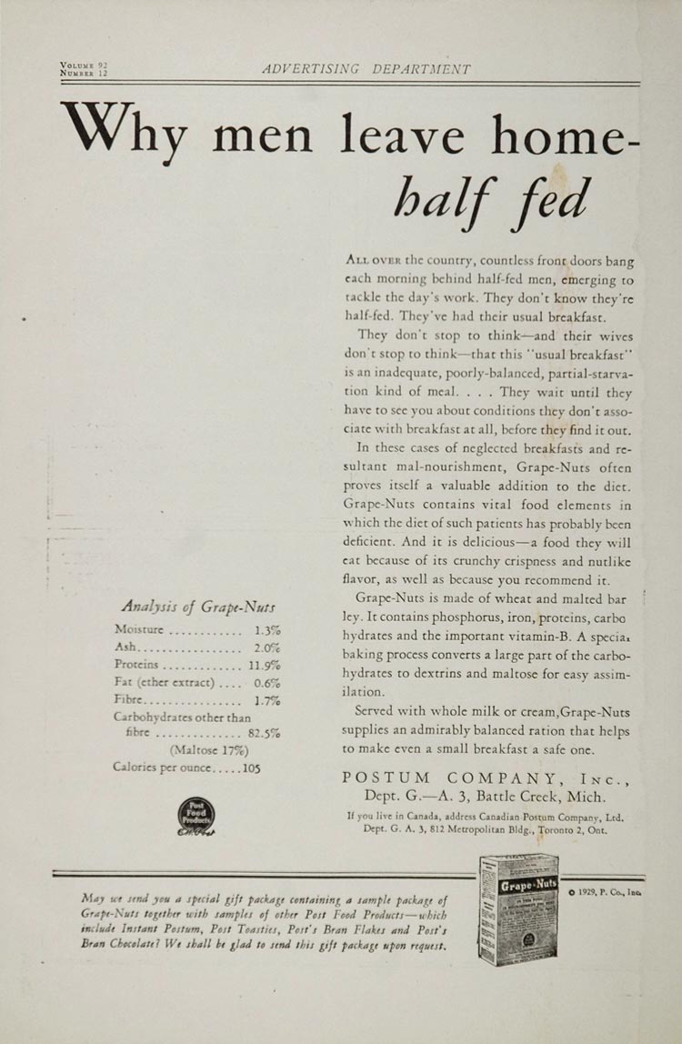 1929 Ad Grape Nuts Cereal Postum Nutritional Analysis - ORIGINAL MED2