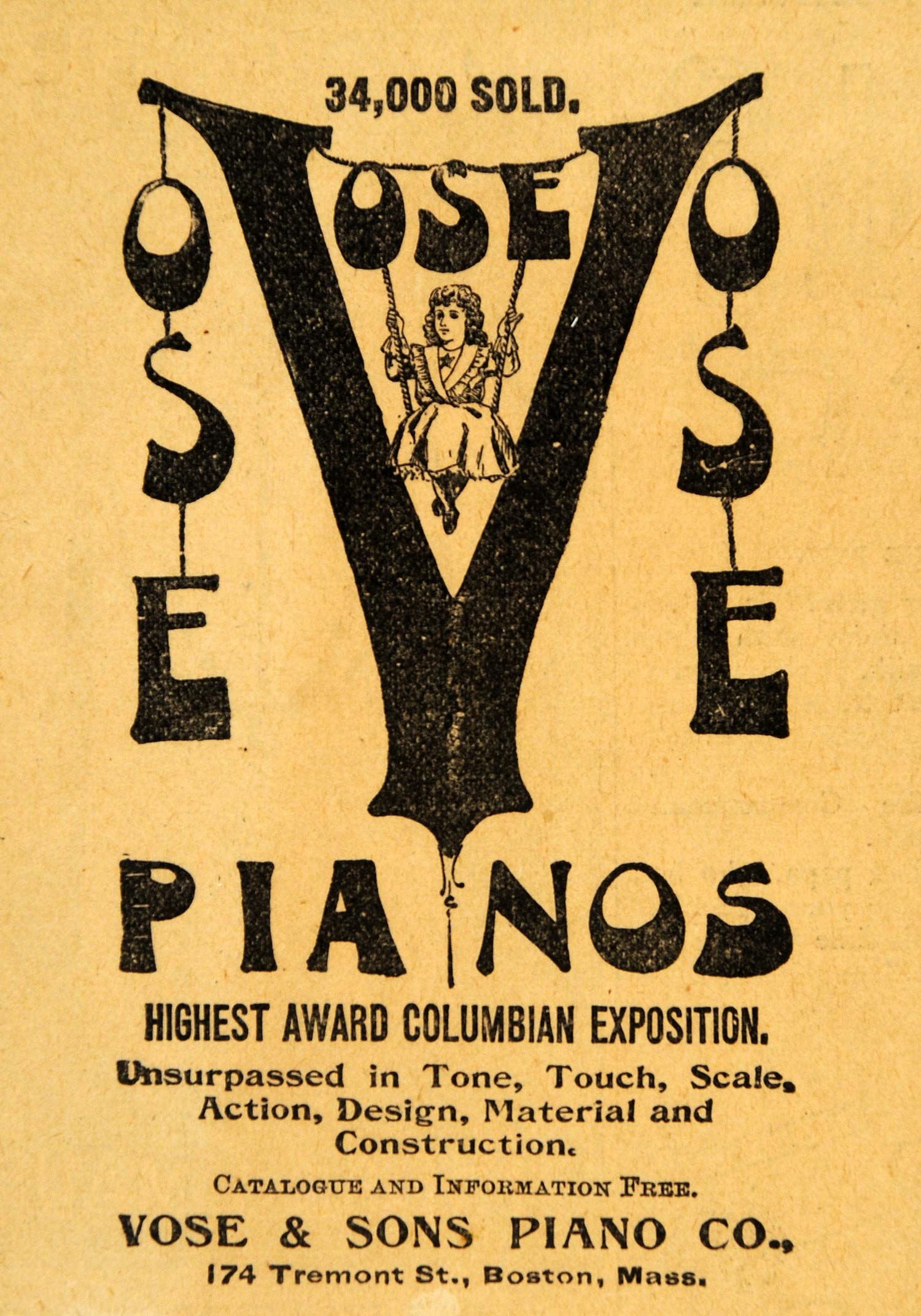 1894 Ad Vose Pianos Columbian Expo Award Boston Mass - ORIGINAL ADVERTISING MF1