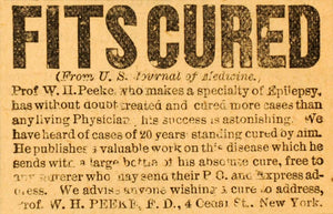 1894 Ad Epilepsy Fits Cured Prof W. H. Peeke New York - ORIGINAL ADVERTISING MF1