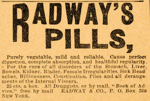 1894 Ad Radway's Pills Intestinal Issues Bladder Kidney - ORIGINAL MF1