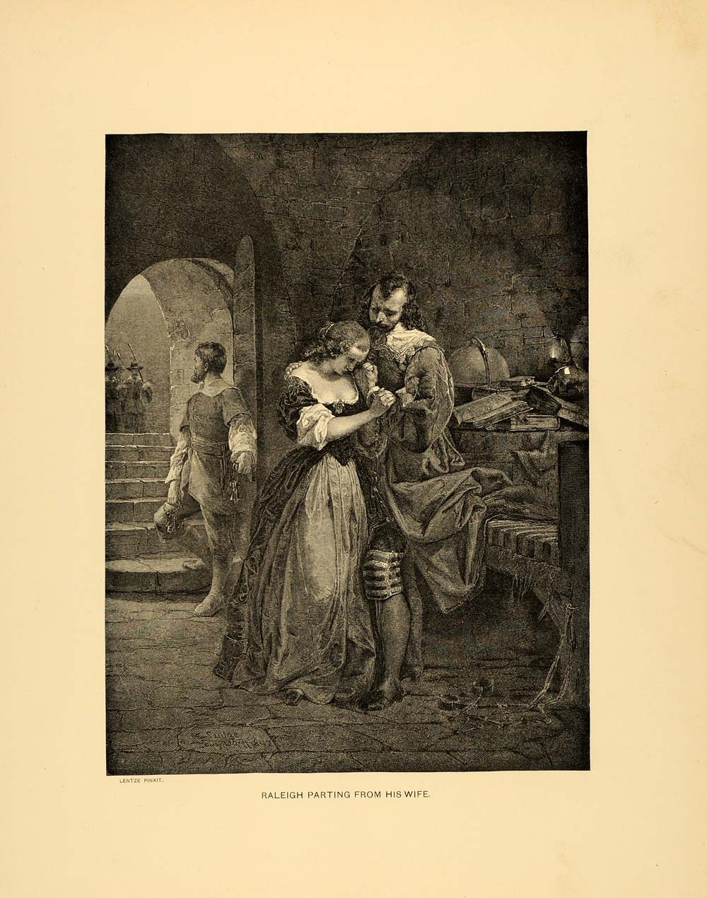 1894 Print Raleigh Parting with Wife Emanuel Leutze Art ORIGINAL HISTORIC MFW2
