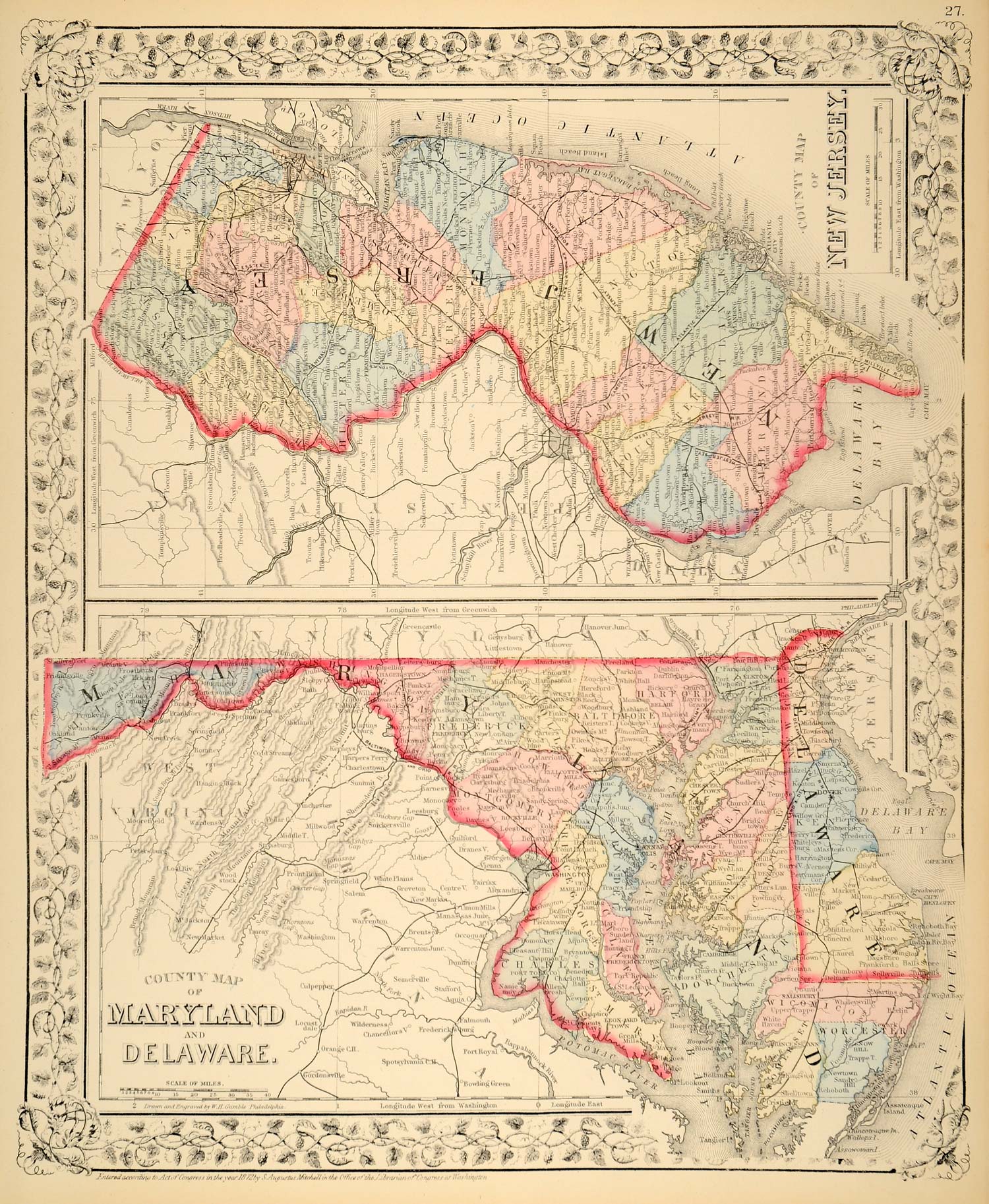 1872 Map Maryland Delaware New Jersey State Counties - ORIGINAL MGA1