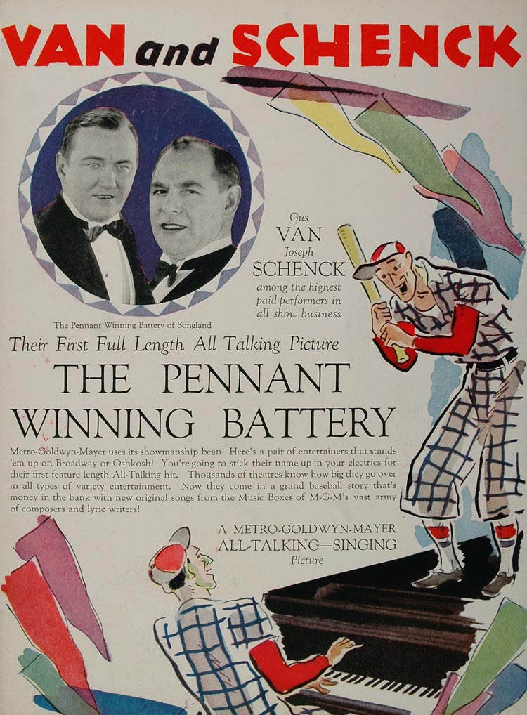 1929 Ad Pennant Winning Battery Baseball Van Schenck - ORIGINAL ADVERTISING MGM