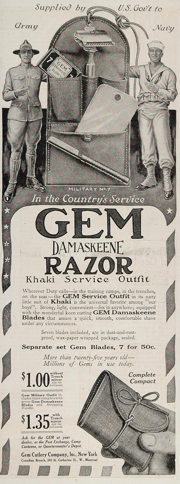 1918 Ad Gem Razor Khaki Service Outfit WWI Army Navy Damaskeene Military MIX2