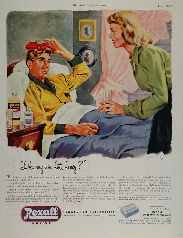 1947 Print Ad Rexall Drugs Sick Man Bed Water Bottle - ORIGINAL ADVERTISING MIX2
