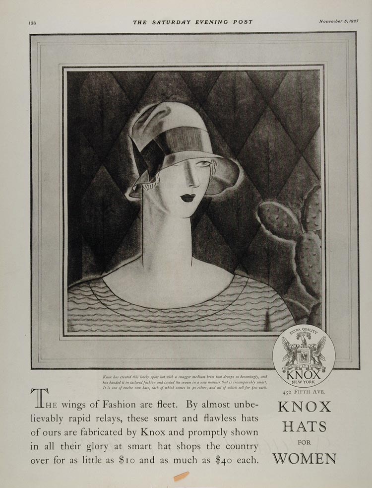 1927 Vintage Print Ad Knox Womens Lady Hat Art Deco - ORIGINAL ADVERTISING MIX3