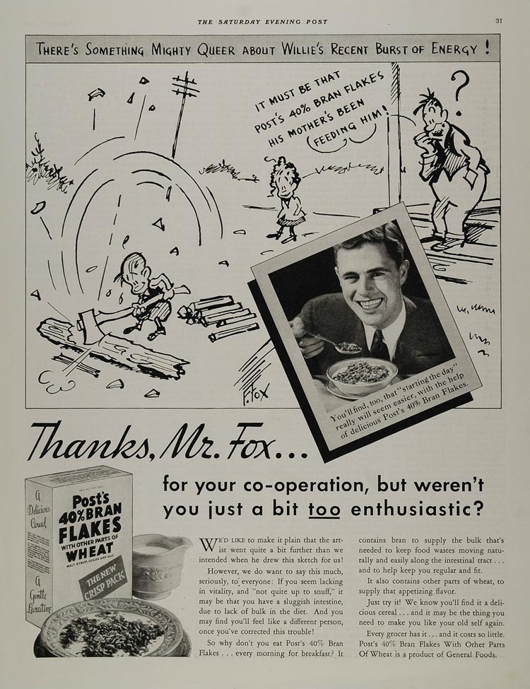 1934 Ad General Foods Post's 40% Bran Flakes Cereal F. Fox Cartoonist MIX3