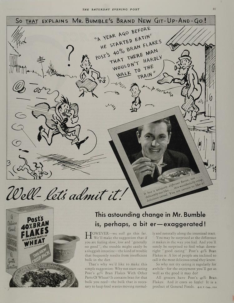1934 Ad F. Fox Cartoonist General Foods Post's 40% Bran Flakes Cereal MIX3