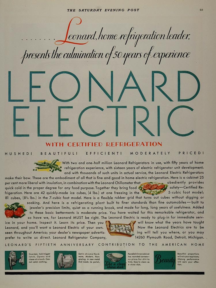 1931 Ad Leonard Electric Refrigerator Icebox Fridge - ORIGINAL ADVERTISING MIX3