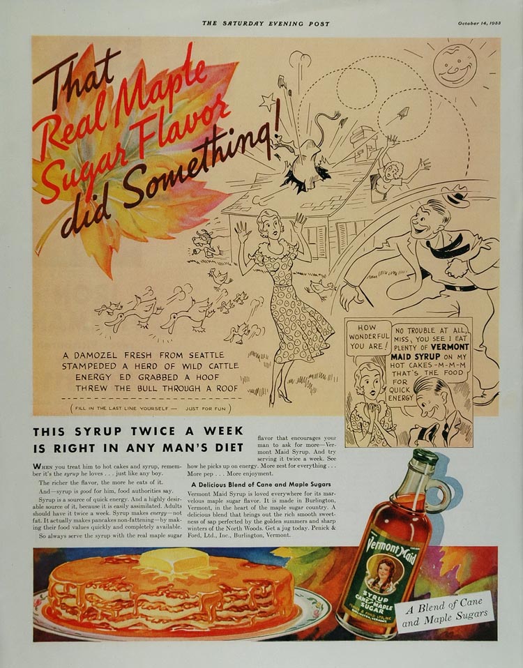 1933 Ad Vermont Maid Cane Maple Sugar Syrup Pancakes - ORIGINAL ADVERTISING MIX5
