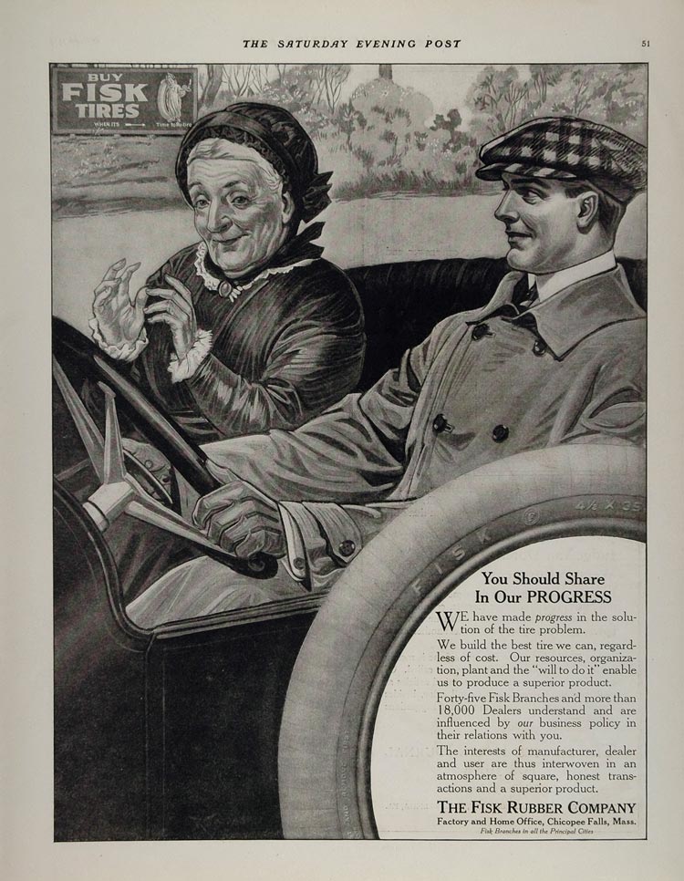 1914 Ad Fisk Rubber Car Tires Old Woman Young Man NICE - ORIGINAL MIX5