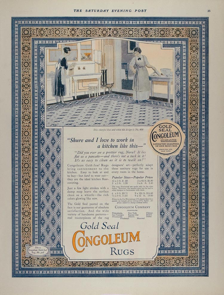 1921 Vintage Ad Congoleum Gold Seal Rug Kitchen Floor ORIGINAL MIX6