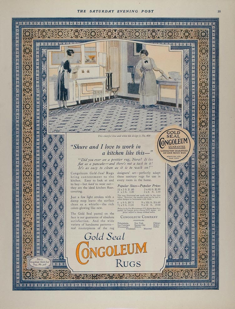 1921 Vintage Ad Congoleum Gold Seal Rug Kitchen Floor - ORIGINAL MIX6