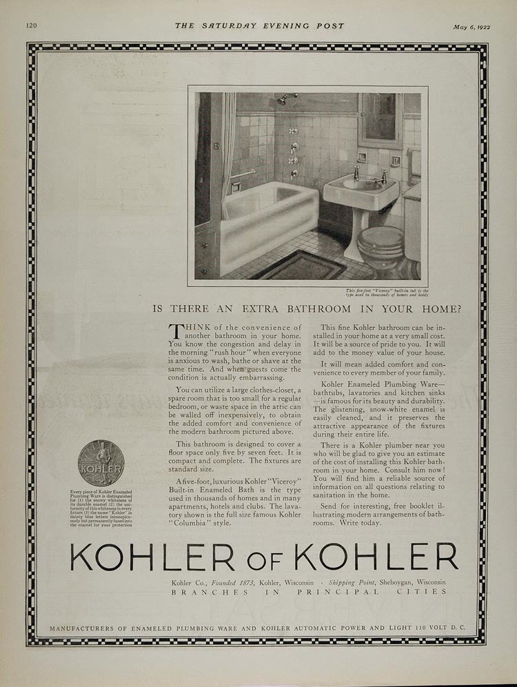 1922 Ad Kohler Viceroy Built-in Bathtub Tub Bathroom WI - ORIGINAL MIX6