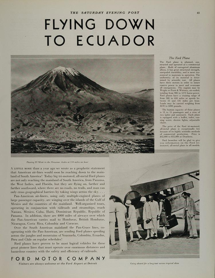 1930 Ad Ford Airplane Pan-Grace Lines El Misti Peru - ORIGINAL ADVERTISING MIX6