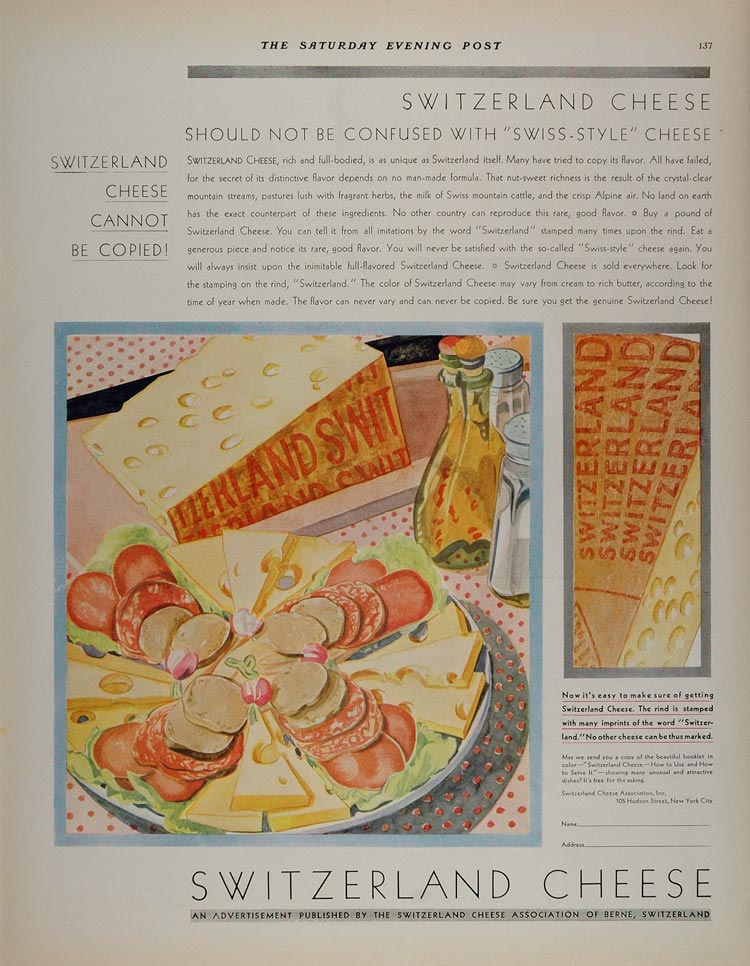 1930 Vintage Ad Swiss Cheese Switzerland Rind Tray NICE - ORIGINAL MIX6