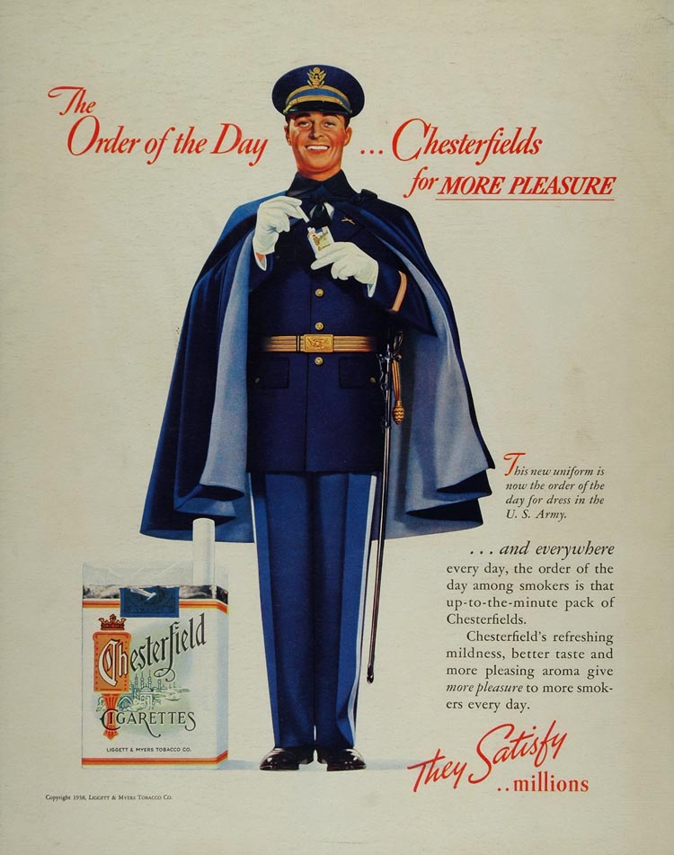 1938 Ad Chesterfield Cigarettes U.S. Army Dress Uniform - ORIGINAL MIX Period Paper Historic Art LLC 1938 Ad Chesterfield Cigarettes U.S. Army Dress Uniform - ORIGINAL MIX Period Paper Historic Art LLC