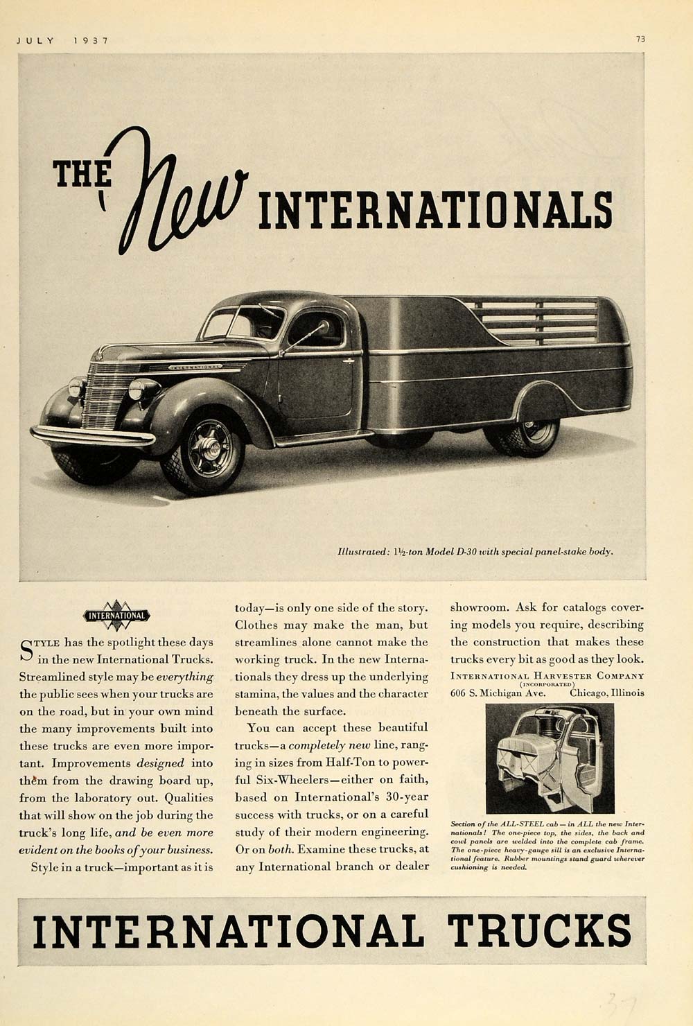 1937 Ad International Trucks Panel Stake Model D30 - ORIGINAL