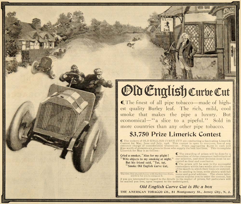 1908 Ad American Tobacco Old English Curve Cut Race Car - ORIGINAL MIX9