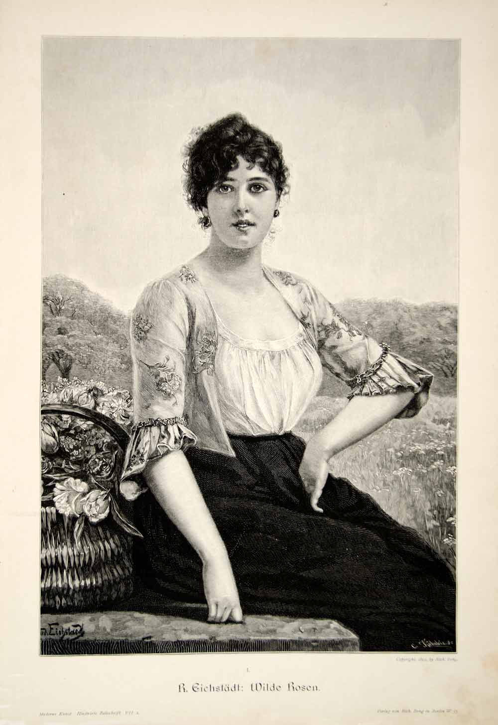 1893 Wood Engraving Wilde Rosen Eichstadt Portrait Girl Woman Costume Wild MK1