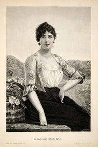1893 Wood Engraving Wilde Rosen Eichstadt Basket Flowers Woman Wild Roses MK1