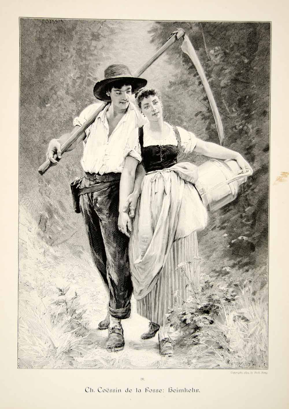 1893 Wood Engraving Workers Couple Romance Scythe Milkmaid In Love Coessin MK1