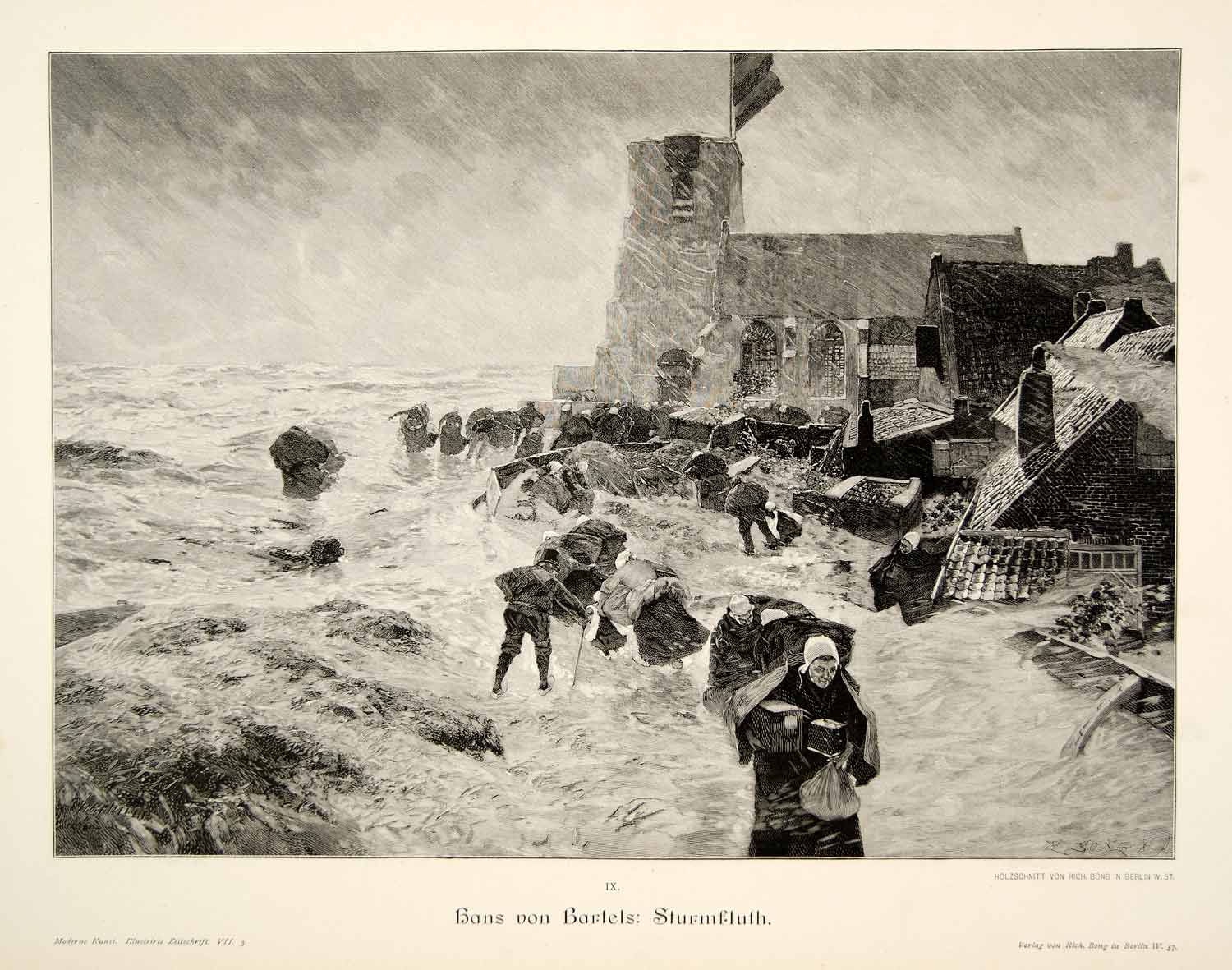 1893 Wood Engraving Sturmfluth Flood Storm Hans Bartels Church Torrential MK1