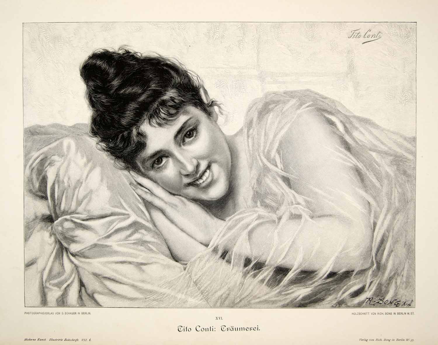 1893 Wood Engraving Tito Conti Traumerei Reverie Portrait Woman Sensual MK1