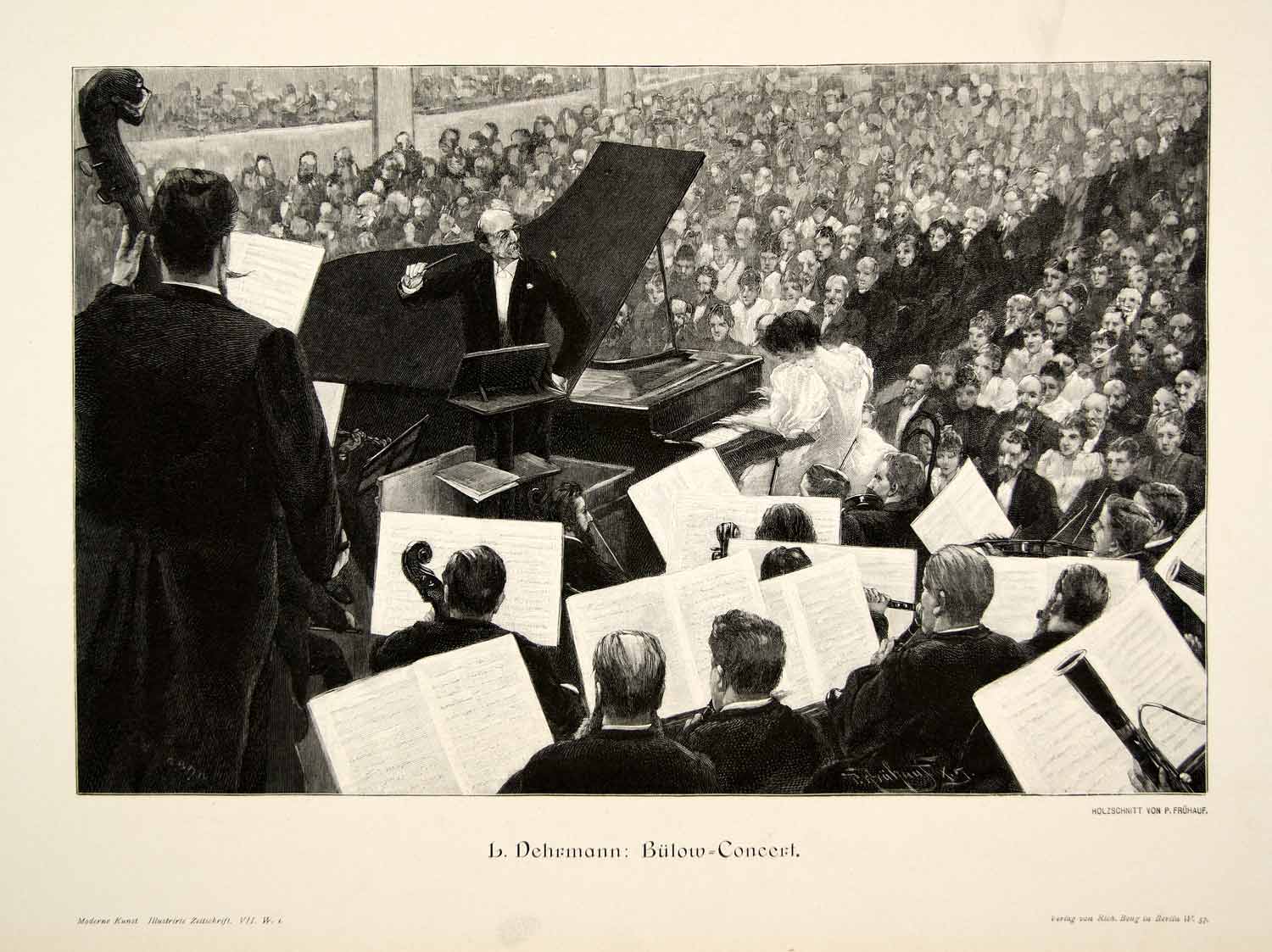 1893 Wood Engraving Bulow Concert Dehrmann Performance Orchestra Piano MK1