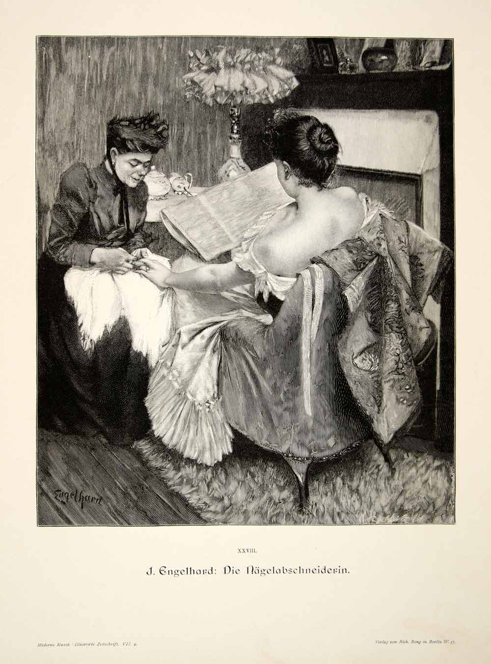 1893 Wood Engraving Nagelabschneiderin Nail Clipping Engelhard Woman MK1
