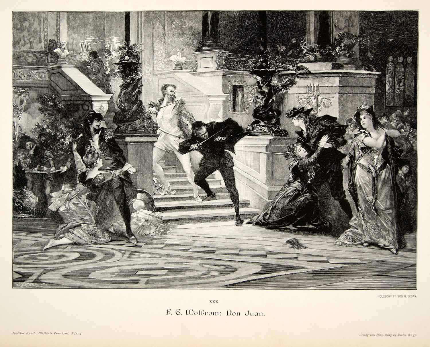 1893 Wood Engraving Wolfrom Don Juan Duel Libertine Costume Fight Staircase MK1