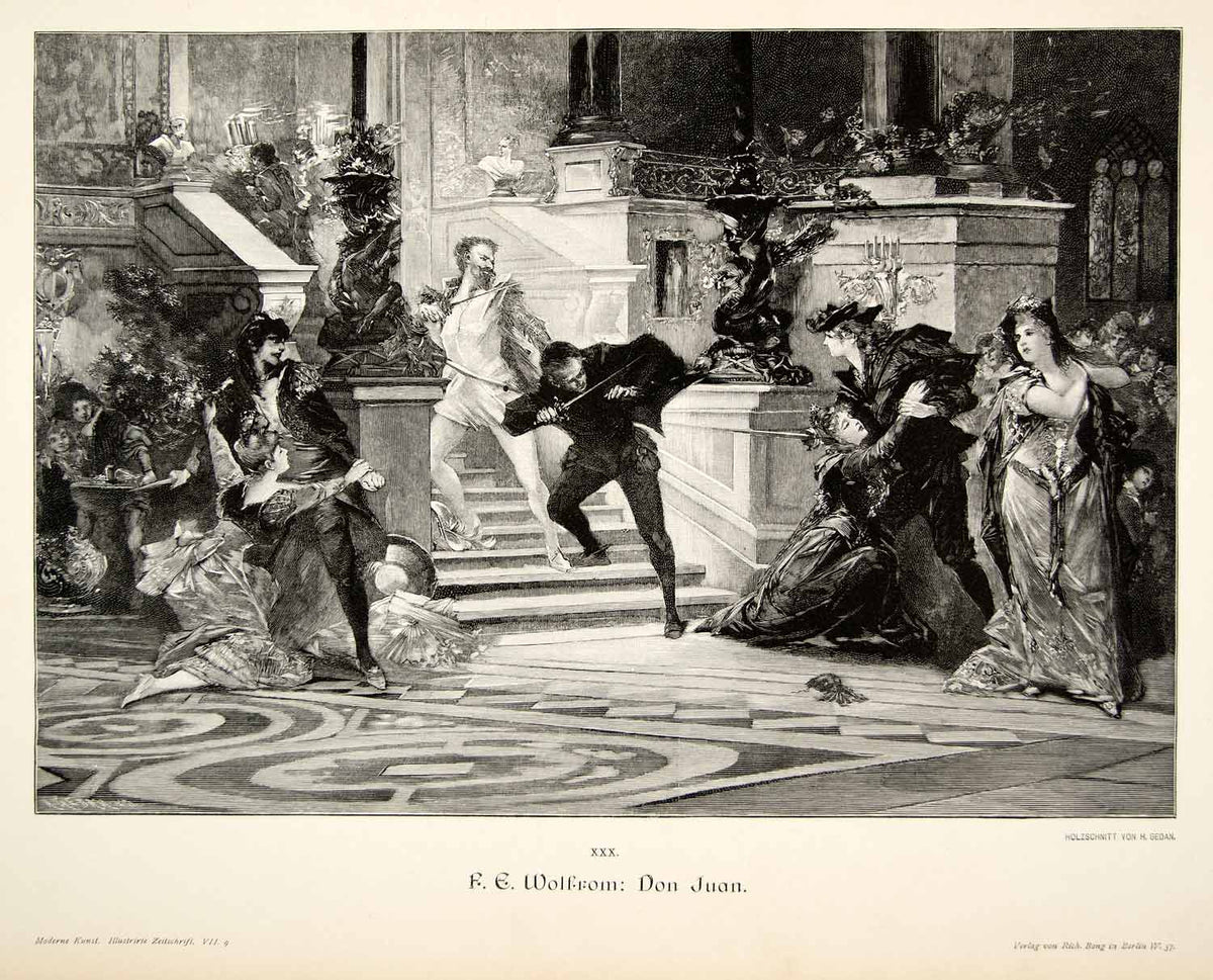 A wood engraving depicting Don Juan in a duel, highlighting his cunning and bravery