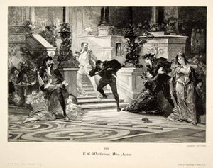1893 Wood Engraving Don Juan Wolfram Fight Duel Lovers Passion Staircase MK1