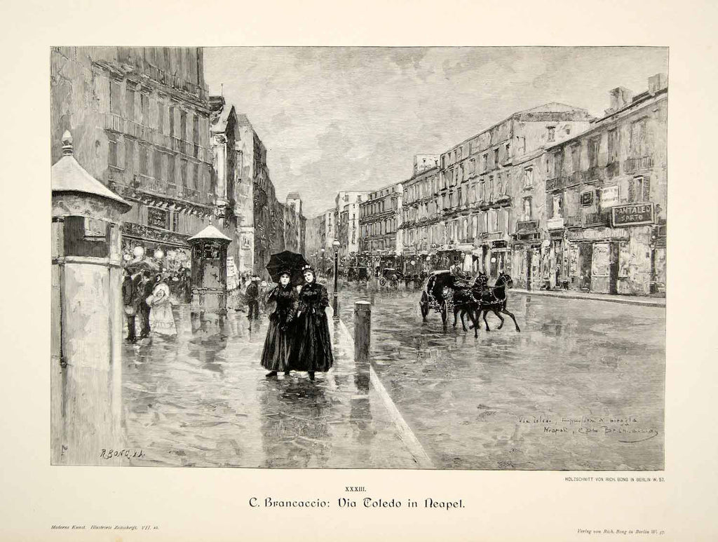 1893 Wood Engraving Brancaccio Via Toledo Naples Street Scene Rain Carriage MK1 - Period Paper
